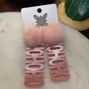 New Voyager Dream HO HO Pink Sparkle & Puff Dangle Earrings